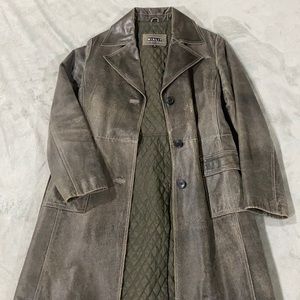 Long black distressed Winlit leather coat.